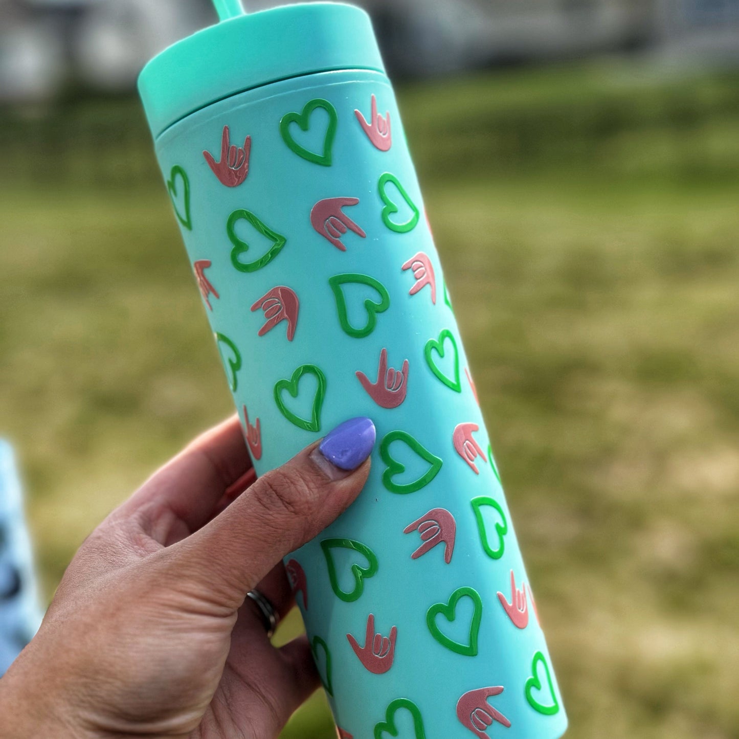 Heart ILY Teal Skinny Tumbler