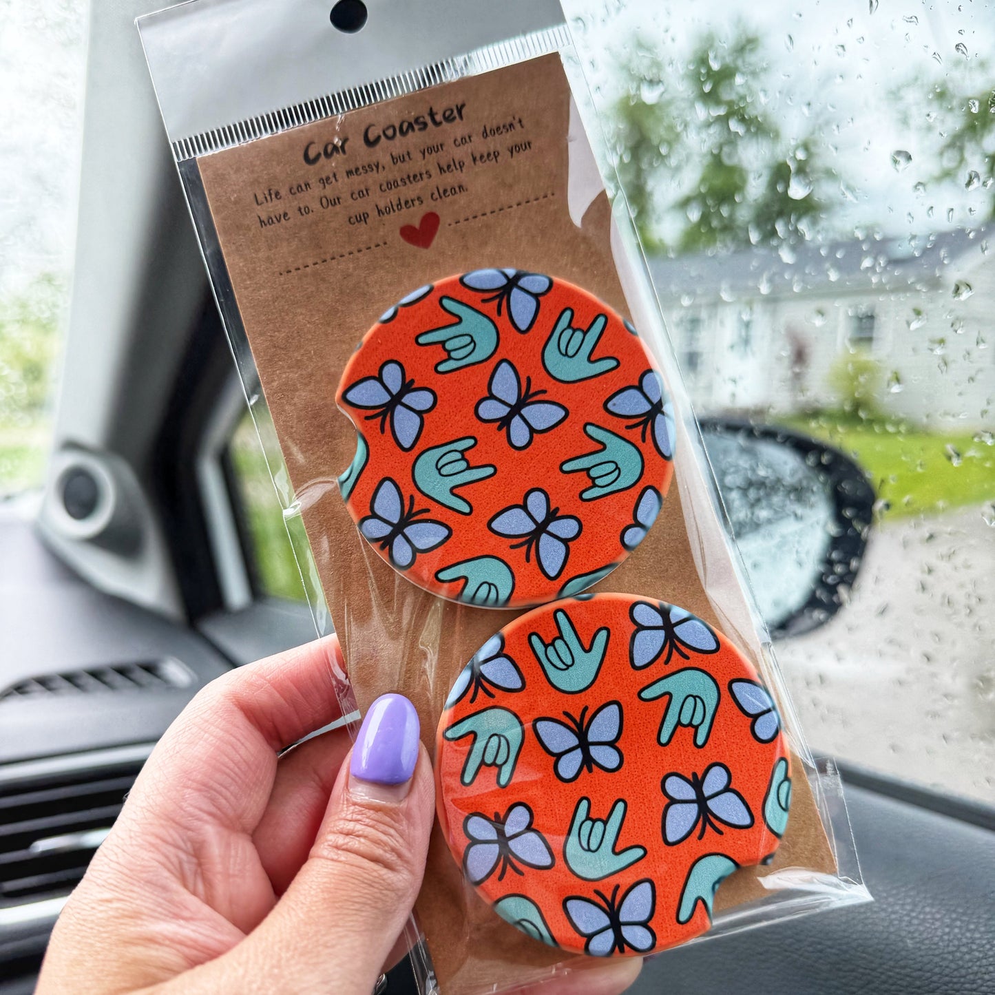 Orange Butterfly ILY Car Coaster