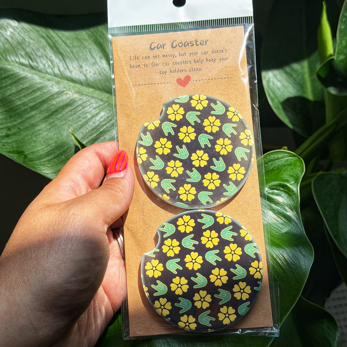 Black Daisy ILY Car Coaster
