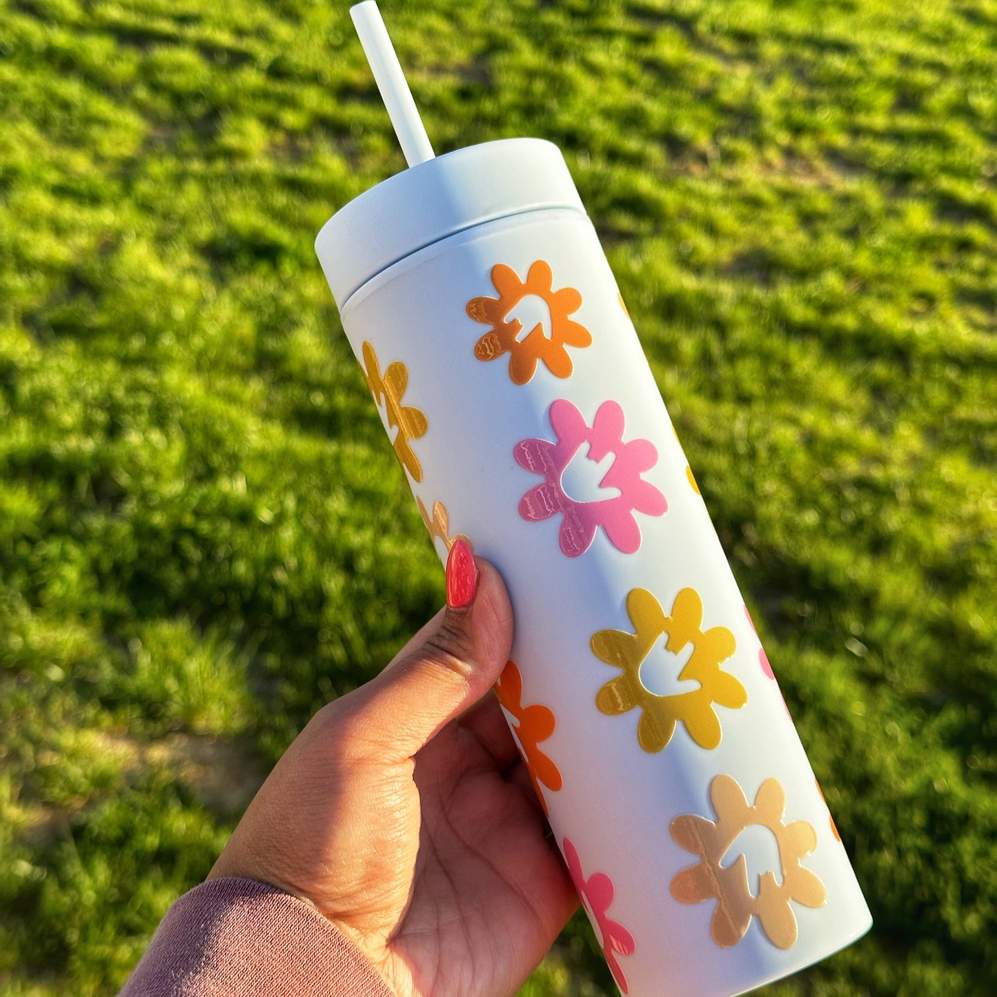 Cute Flower ILY Sky Blue Skinny Tumbler