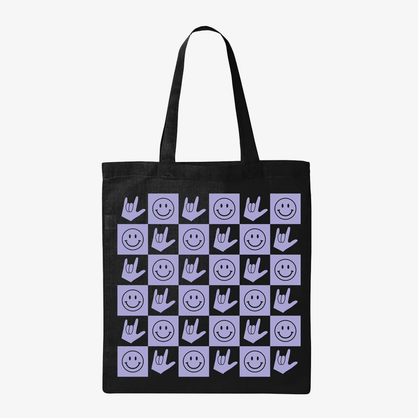 Lavender Checkered Happy Face & ILY Tote Bag