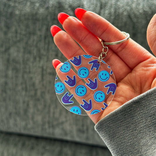 Blue Smiley ILY Acrylic Keychain