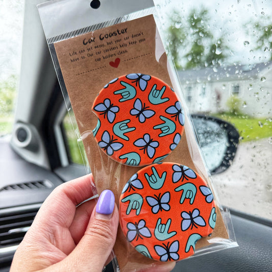 Orange Butterfly ILY Car Coaster