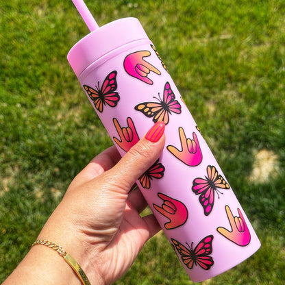 Ombré Butterfly ILY Pink Skinny Tumbler