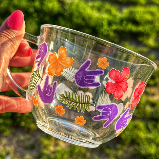 Hawaiian Hibiscus & ILY Glass Mug