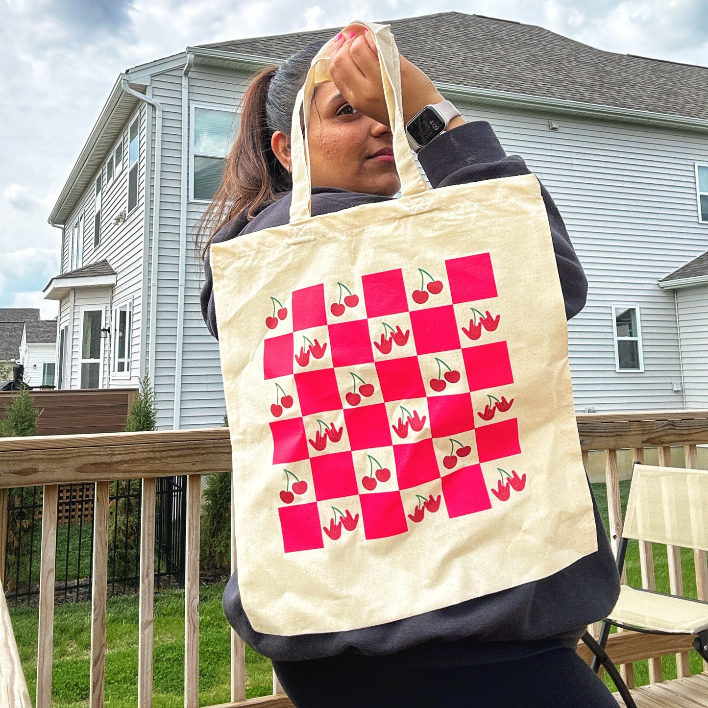 Cherries & ILY checkered Tote Bag
