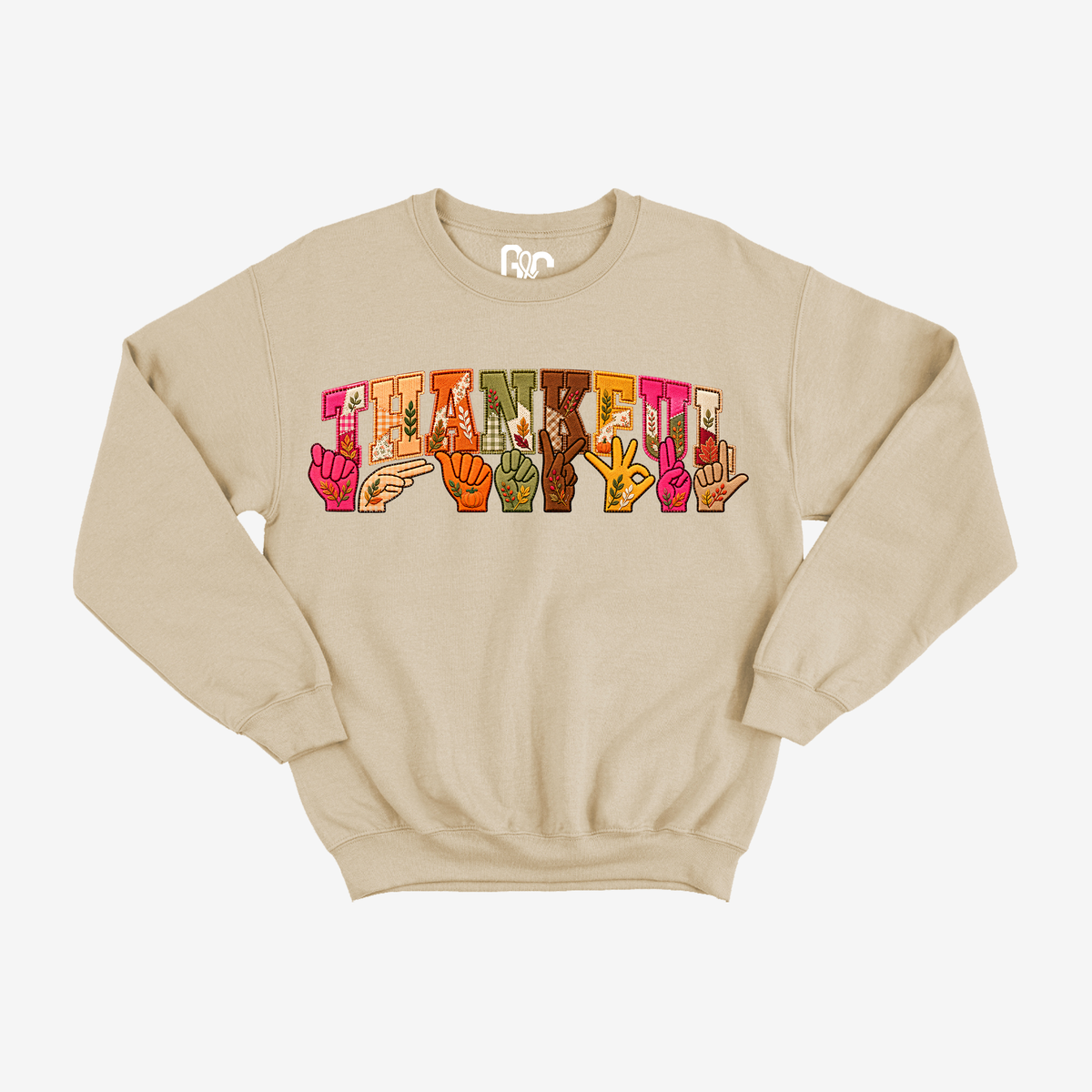 Faux Embroidery Florals Thankful Crewneck