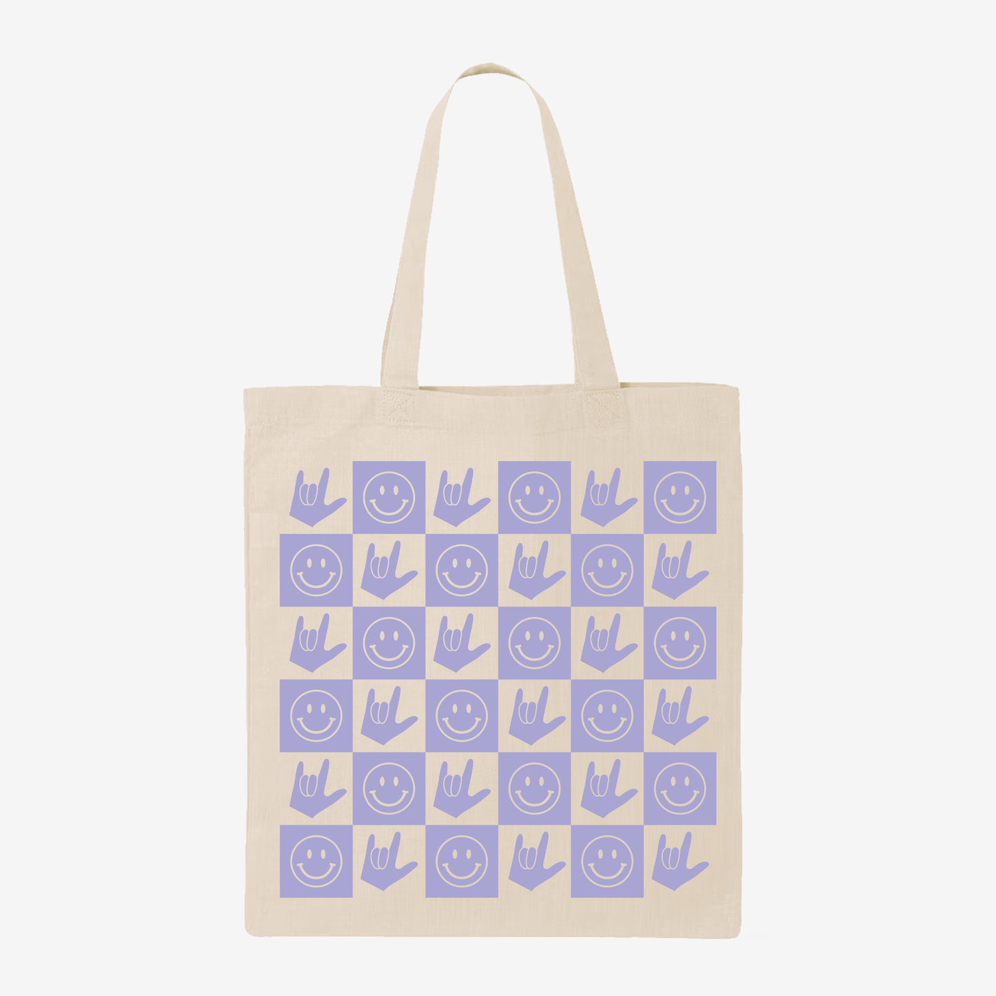 Lavender Checkered Happy Face & ILY Tote Bag