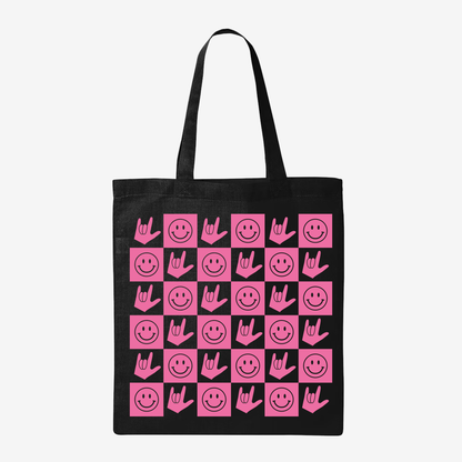 Hot Pink Checkered Happy Face & ILY Tote Bag