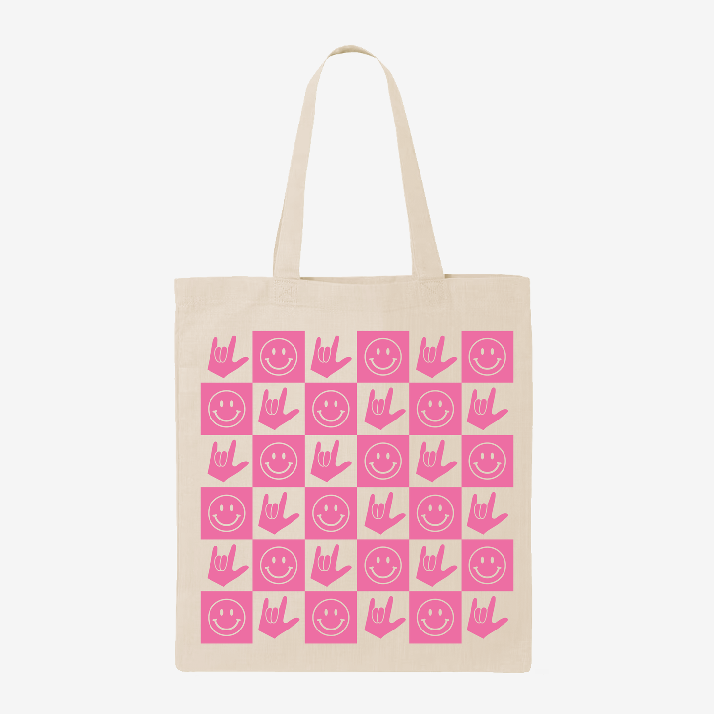 Hot Pink Checkered Happy Face & ILY Tote Bag