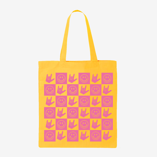 Hot Pink Checkered Happy Face & ILY Tote Bag