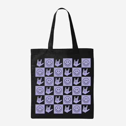 Lavender Checkered Happy Face & ILY Tote Bag