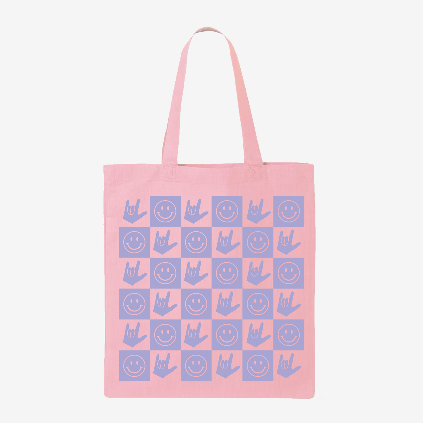 Lavender Checkered Happy Face & ILY Tote Bag