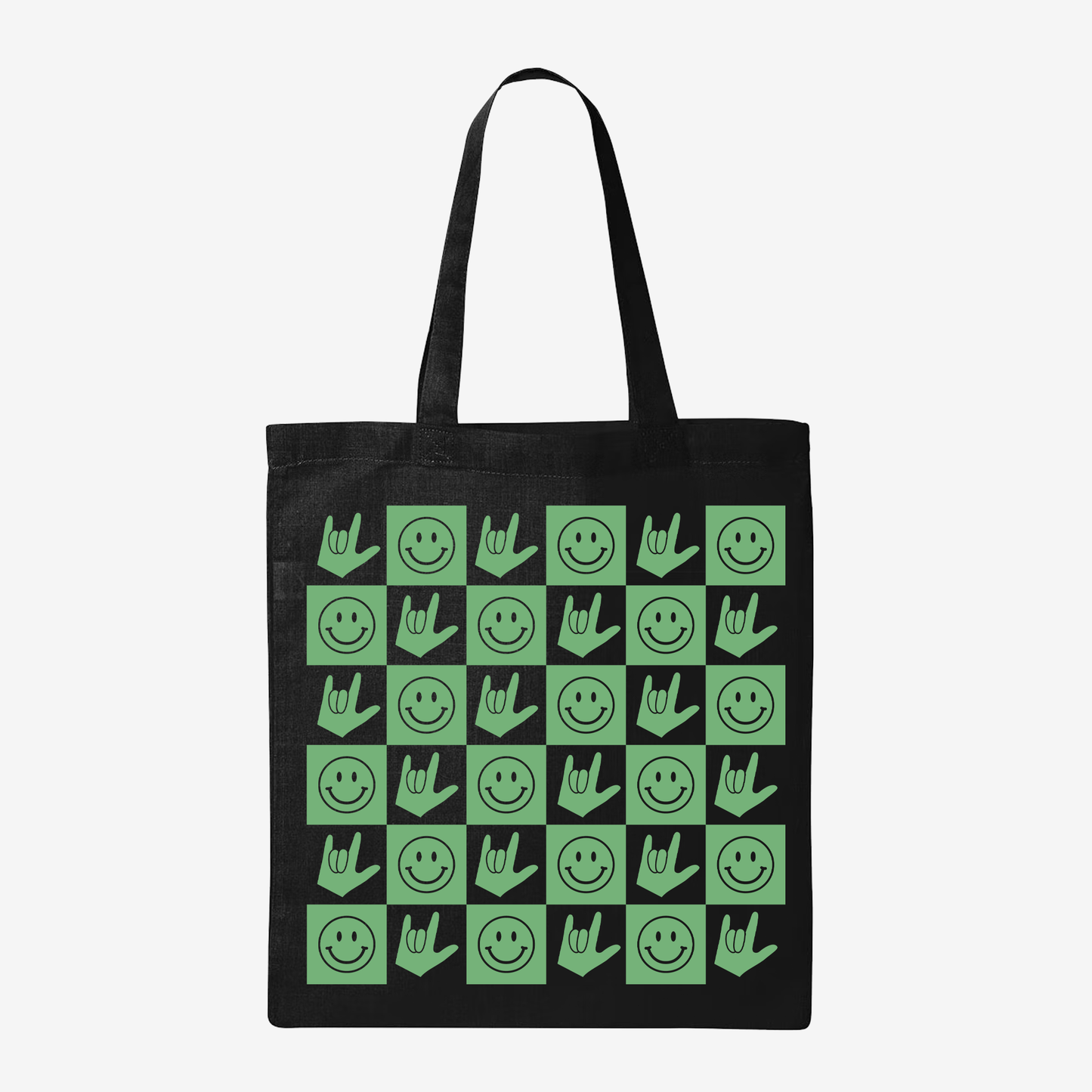Green Checkered Happy Face & ILY Tote Bag
