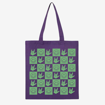 Green Checkered Happy Face & ILY Tote Bag